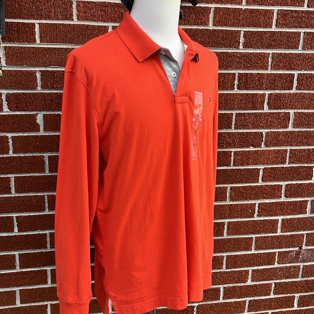 *NWT* Tommy Hilfiger Orange Long Sleeve Polo Logo on Chest Men's Large - Picture 5 of 13